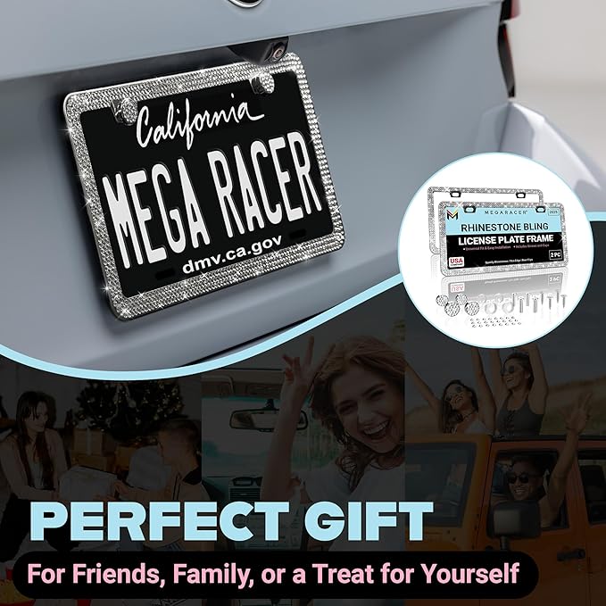Dazzling Bling License Plate Frames for Women - 2 Pack, 1600 Premium Rhinestones, Rust-Free Stainless Steel, Street Legal Slim Design, Sparkly Diamond Car Tag Holders with Glitter Crystal Screw Covers
