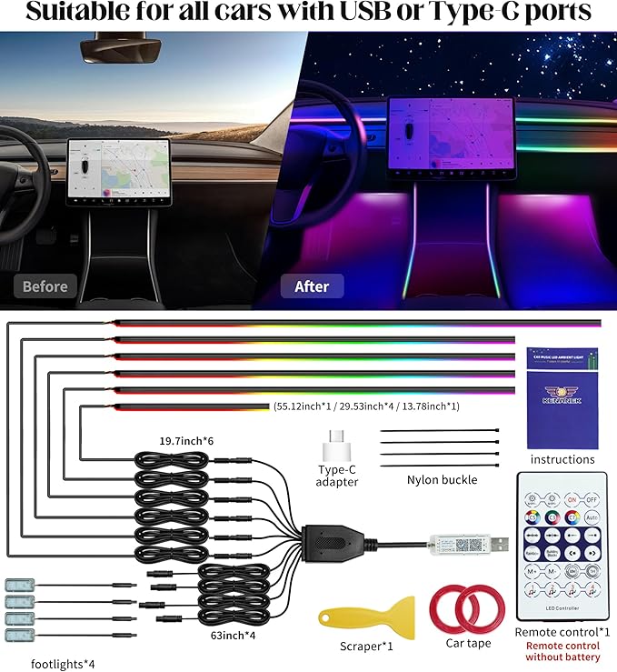 KENANEK Acrylic Interior Car LED Strip, 10 in 1 USB/Type C Interface Colorful 187-inch car Ambient Lights kit，Supporting Wireless Control Modes，with 16 Million Color Options