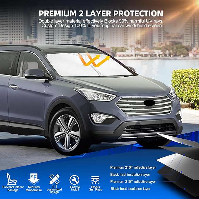 Windshield Sun Shade for H-yund-ai Santa Fe 2013-2018 Foldable Sunshade Custom Fit Front Window Car Interior Accessories Protector Blocks UV Rays