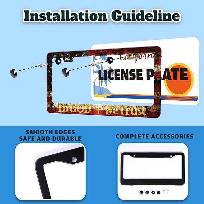 in God We Trust License Plate Frame Cross American Flag for Front or Rear Car Tags Stainless Steel License Plate Holder Funny Car Decoration with Screws 6.3 X 12.2 in