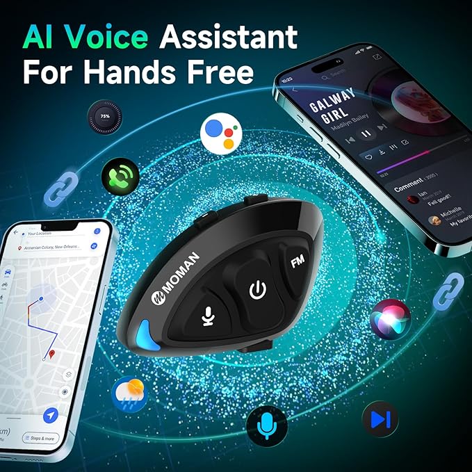 Moman Motorcycle Helmet Headset, RS-S Motorbike Helmet Speaker and Mic with HiFi Stereo/FM Radio/AI Voice/Hands-Free Call/IPX6 Waterproof/Noise Cancellation Earphone Headphone for Single Person Use