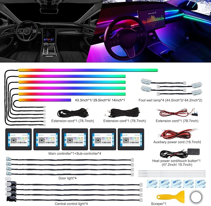 Dreamcolor Acrylic Interior Car LED Strip Light with Wireless APP, RGB 18 in 1 with 175 inches 600 LEDs Fiber Optic Car Ambient Lighting Kits, Dual Zone Sound Active Function LED Strip for Car