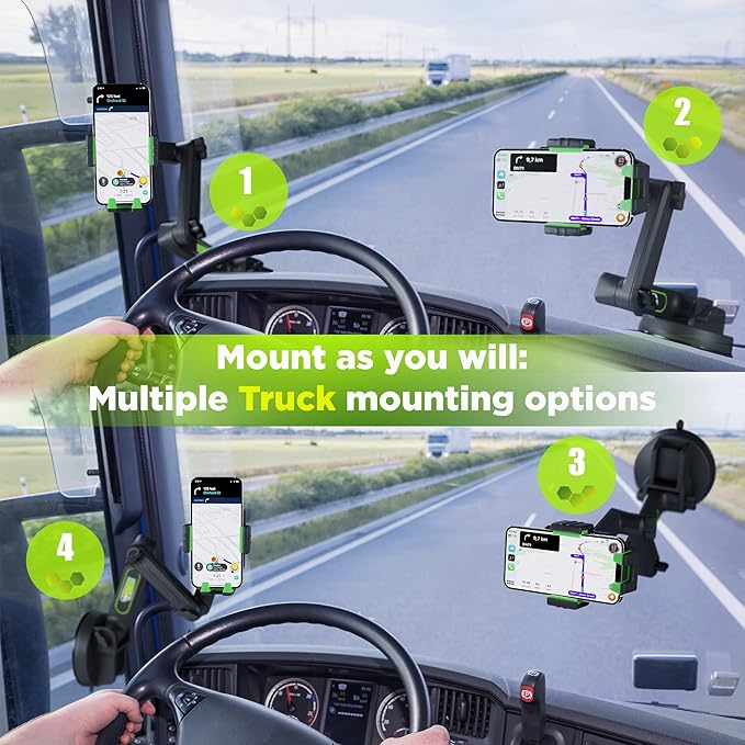 Phone Mount for Truck Phone Holder for Truck - Heavy Duty Super Suction Cup, Mobile Device Holder Dashboard Window 16.9 inch Long Arm & Stable, iPhone & Samsung Compatible, Big Rig Trucker, Green