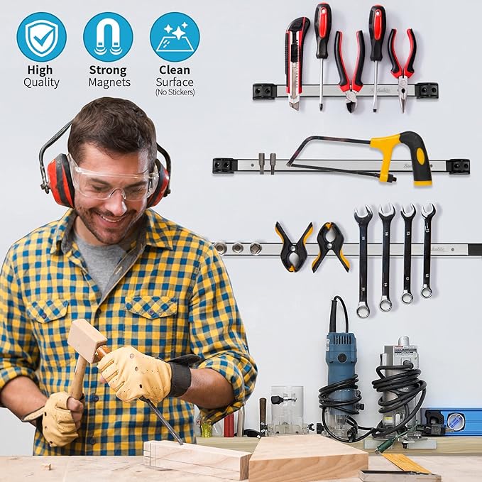 12" 18" 24" Magnetic Tool Holder Strip, Stainless Steel Surface Tool Magnet Bar, Metal Tool Organizer Rack for Garage Organization, Easy To Install in Workshop, Mounting Screws Included