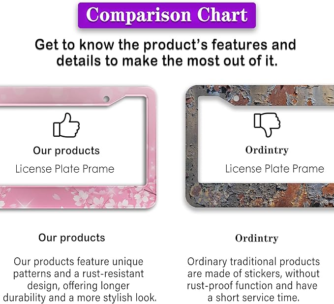 License Plate Frames for Girl Pink License Plate Cover for Women for Men Pink Floral Women Aluminum Metal Car Accessory 2 Pack with Screw Covers Set