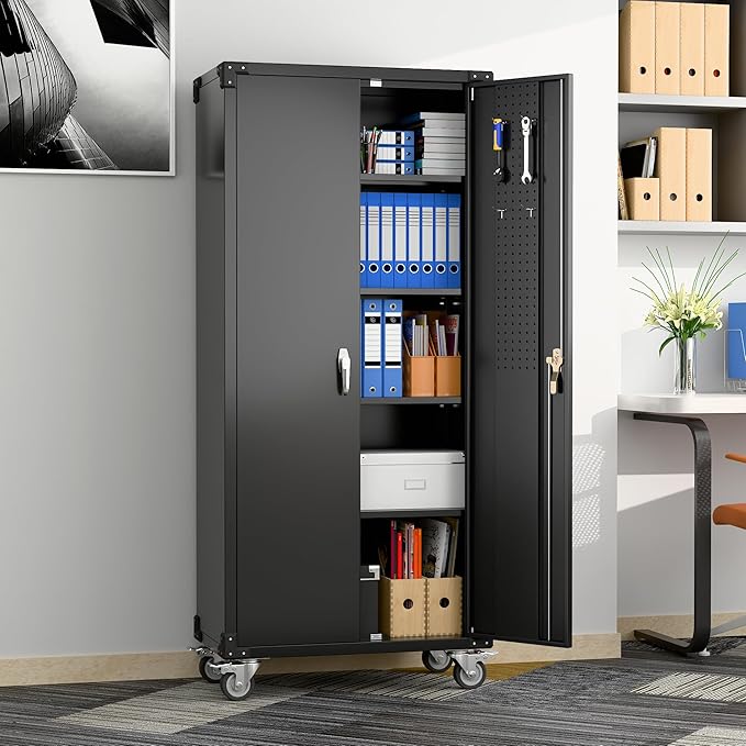 Garage Storage Cabinet with Wheels & Pegboard, 72" H Locking Metal Storage Cabinet with Doors and 4 Adjustable Shelves for Garage Workshop Home, Assembly Required, Black
