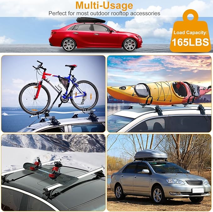 2Pcs Universal Roof Rack Cross Bars，47.24” Aluminum Cross Bars with 165LBS Capacity，Lightweight Car Roof Rack Cross Bars for Most Car Without Roof Side Rail for Bike Kayak Cargo Luggage