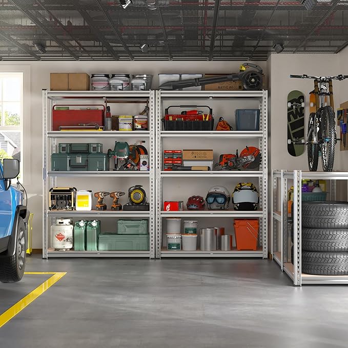 REIBII 2020LBS Garage Shelving Heavy Duty Metal Shelving 5 Tier Storage Shelves, Garage Shelves for Warehouse Basement, Easy Assembly, 72" H x 35.55" W x 16" D, Galvanized, 4 Pack