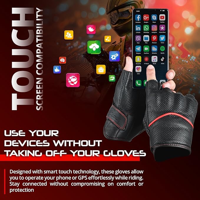 aasportx Motorcycle Gloves - Men's Leather Motorbike Gloves with Touchscreen Function - Non-Slip Pads for Men & Women