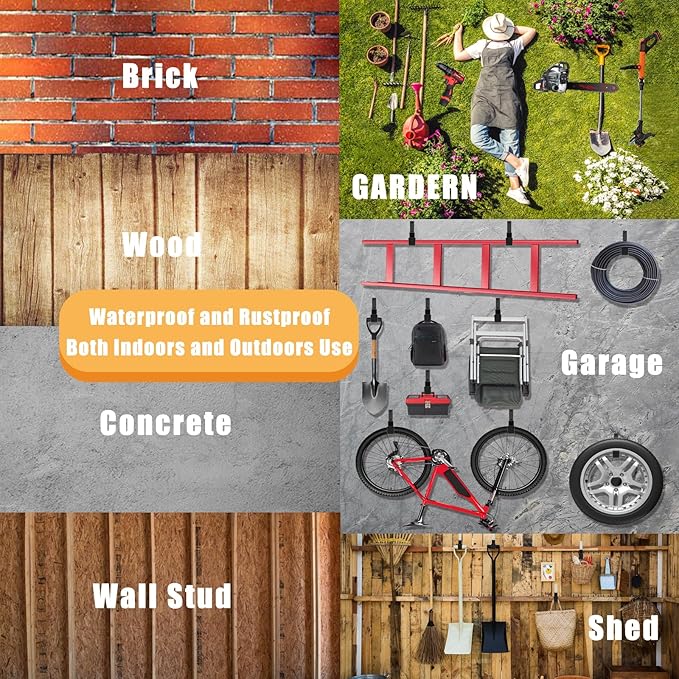 Heavy Duty Utility Hook System - Wall Mounted Garage Hooks for Bikes, Ladders, Tools & More - Black