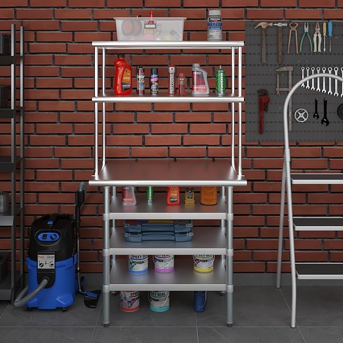 Amgood 24" x 36" Stainless Steel Work Table with 3 Shelves and 18" Wide Double Tier Overshelf | Metal Kitchen Prep Table & Shelving Combo | NSF