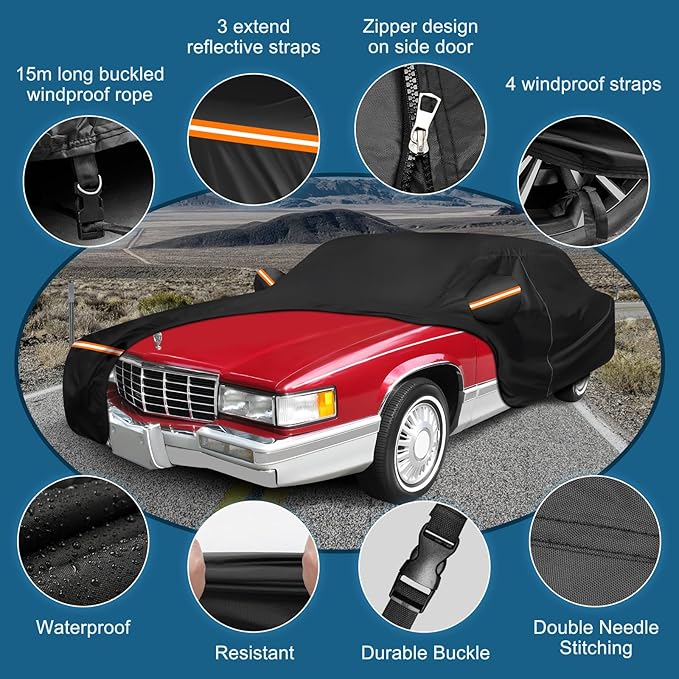 Car Cover for Cadillac Deville 1985-1993 Sedan 4 Door Waterproof All Weather Full Car Cover with Door Zipper Car Covers for Automobiles for Sun Rain Snow Protection