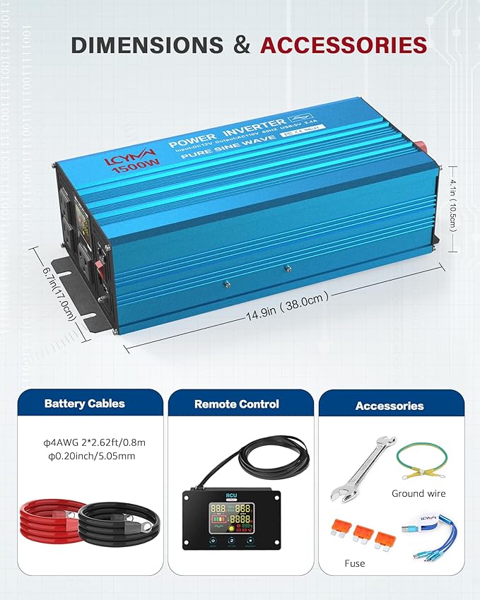 1500 Watt Inverter Pure Sine Wave DC 12V to 110V AC Power Inverters with 2 AC Charger Outlets, Car Inverter Solar Power Inverters for Vehicles Home with LCD Display and 2.4A USB Charging Ports