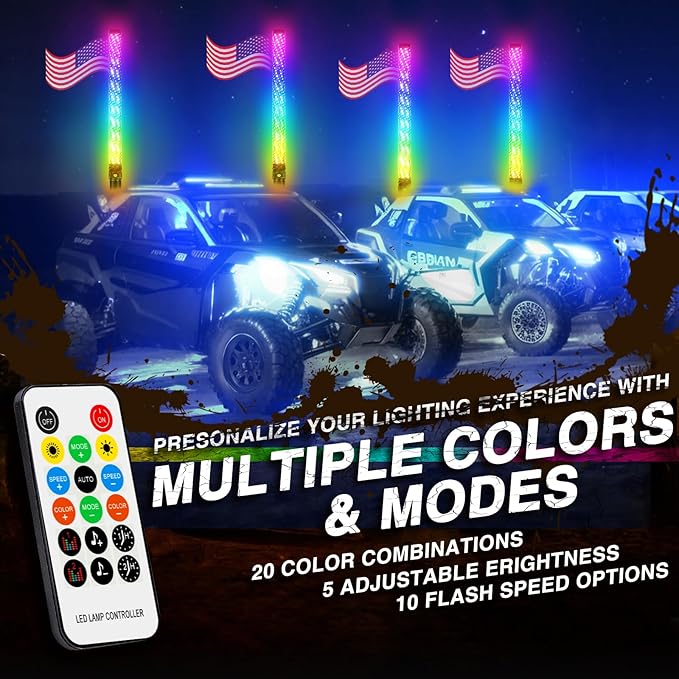DREAMIZER 2PCS 2FT Fat Whip Lights 360°Spiral Chase Offroad Warning Lighted Antenna LED Whips Side by Side with Turn Signal Brake Reserving Lights for UTV ATV RZR Can-Am SXS Polaris Offroad Truck