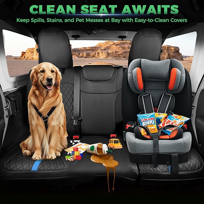 for Jeep Wrangler Seat Covers 4Door JL 2018 2019 2020 2021 2022 2023 2024 2025, Custom Car Seat Cover Full Set, Luxury Waterproof Leather Seat Protectors, Black Blue Trim, W/O Rear Cup Holder