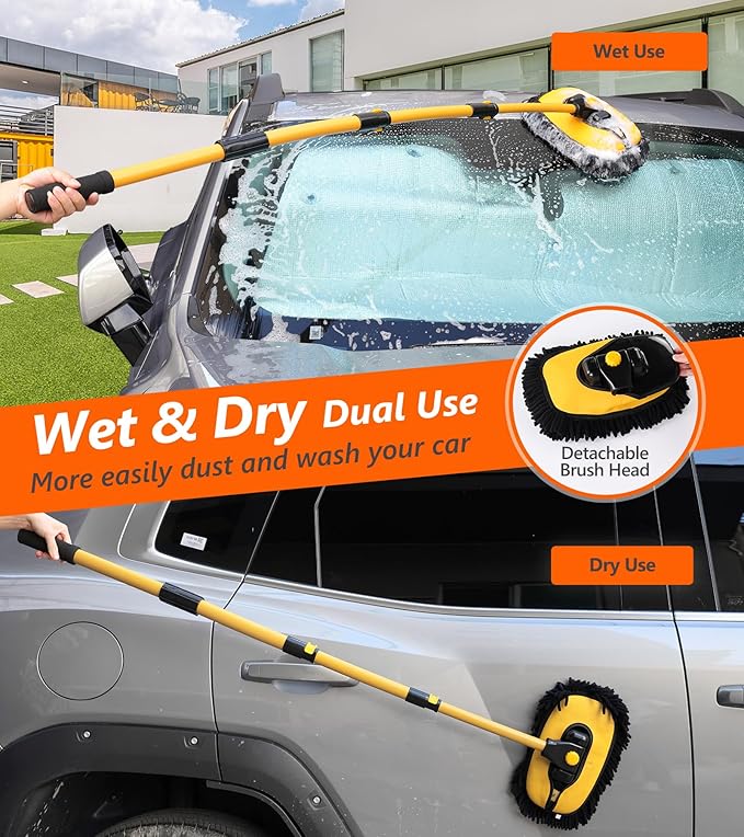 56.7" Car Wash Brush Mop Kit Microfiber Car Washing Sponge Mitt with Long Handle Car Cleaning Supplies Tools RV Washing Duster Exterior Scratch Free, Chenille Replacement Head Extension Pole