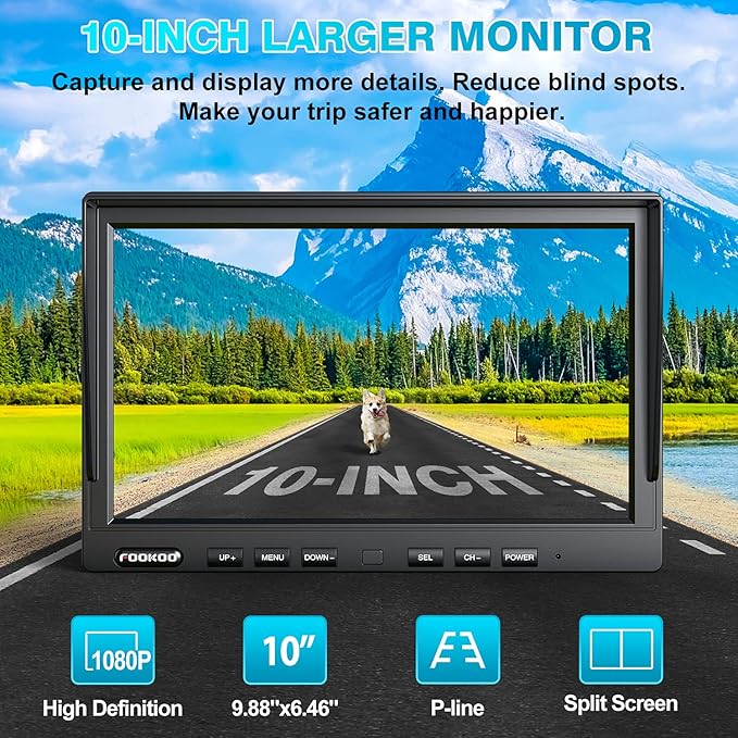 Fookoo HD 1080P 10" Wireless Backup Camera System, 10-inch Quad Split Screen Monitor w/Recording, IP69 Waterproof Side Rear View Cameras, Digital Signal, Parking Lines for RV/Truck/Trailer