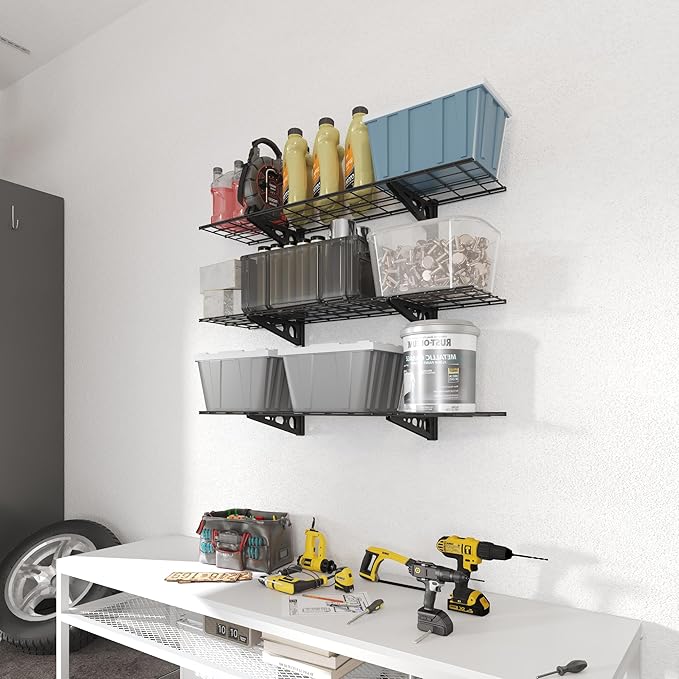 FLEXIMOUNTS 3 Tier 1x4ft Garage Storage Wall Shelving, 12x48inch per Shelf Height Adjustable Floating Shelves, 450lbs Total Weight Capacity, Black