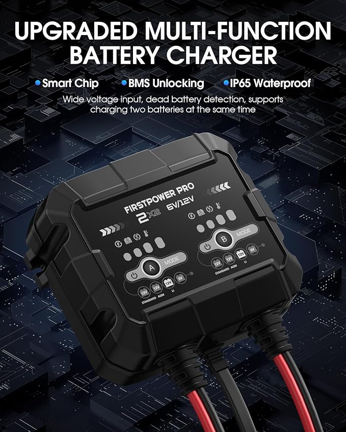2-Bank, 4A (2A/Bank) Trickle Charger for Car Battery, 12V 6V Car Battery Charger, Automotive Battery Trickle Charger, Battery Maintainer, for Car Motorcycle Lawn Mower AGM, Lithium Batteries