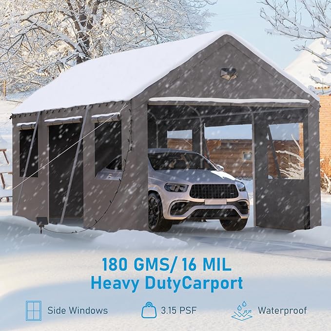 10x20 Carport, Heavy Duty Carport Canopy Garage with Removable Sidewalls and Drive Through Roll Up Zipper Doors & Side Doors, Grey