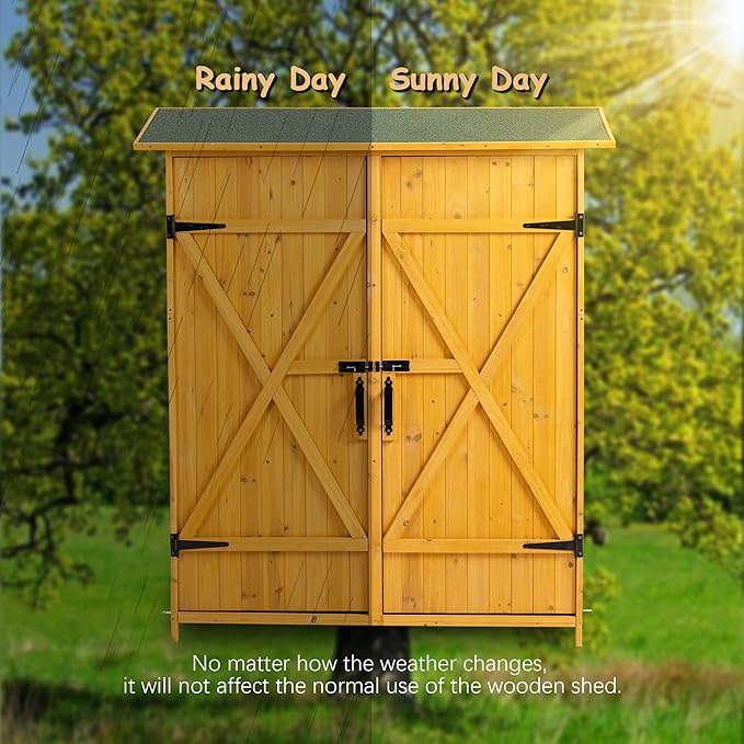 56" L x 19.5" W x 64" H Outdoor Wooden Storage Shed with Lockable Door, Waterproof Roof,Detachable Shelves for Garden Tools,Natural Wood