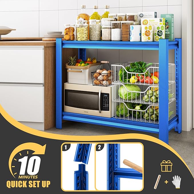 40" W Garage Shelving Heavy Duty，1000LBS Loads Adjustable Garage Storage Shelves,2-Tier Metal Storage Racks and Shelving Units, Utility Rack Shelves,40”W x 18”D x 72”H,Blue