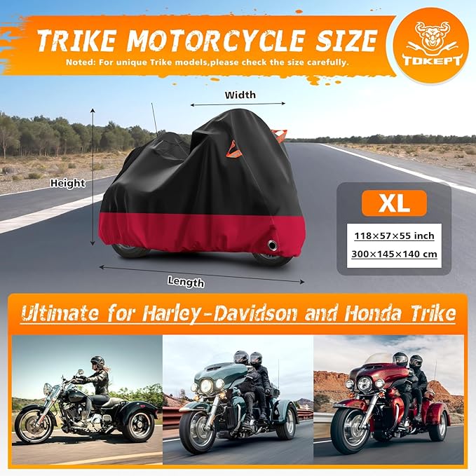 Trike Motorcycle Cover, Outdoor Waterproof Vehicle Cover with Windproof Buckle Reflective Strip for Harley Davidson, Honda Gold Wing, Kawasaki 3 Wheel Motorcycle Accessories (Black&Red)