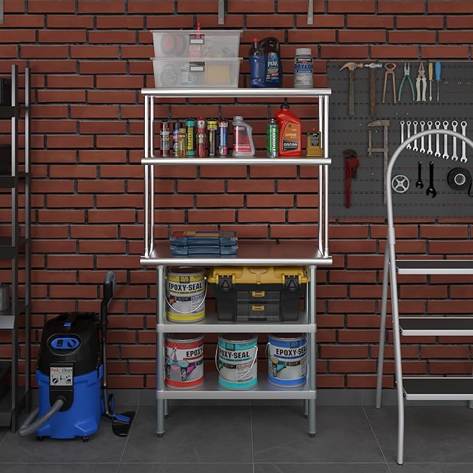 Amgood Stainless Steel Work Table with 2 Shelves | Metal Kitchen Prep Table & Shelving Combo (14" x 36" Table with 2 Shelves + 12" Overshelf)
