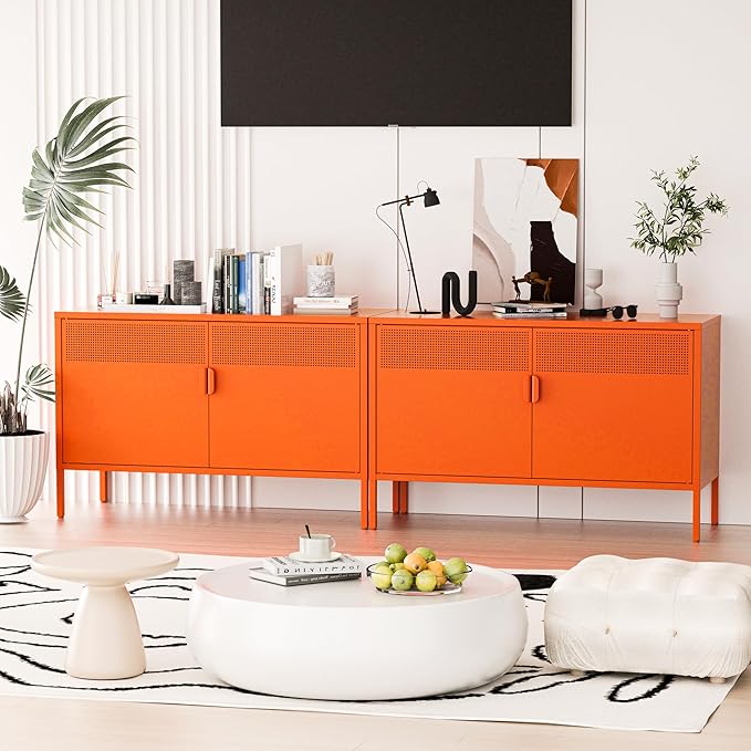 2 Door Accent Cabinet,Orange Metal Storage Cabinet with Adjustable Shelf,2-Tier Shelf,Multipurpose Metal Locker Storage for Office Home,Music Studio (Orange)