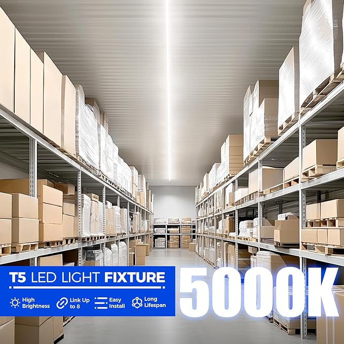 Barrina T5 4FT LED Shop Light, 2200lm,5000K Daylight White, 20W Utility Light Fixture, Ceiling and Under Cabinet Lights for Workshop Garage, Corded Electric with ON/Off Switch, 6 Pack