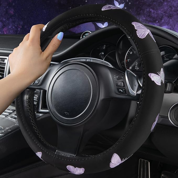Car Pass Purple Embroidery Butterfly Steering Wheel Cover, Universal 15 Inch Car Wheel Cover for Women Girls, Fit for Suvs,Small Trucks,Sedans,Cars (Black and Purple)