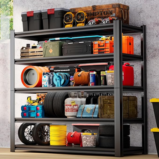 63''H Garage Shelving Heavy Duty Garage Storage Shelves, 3000LBS Capacity Adjustable 5 Tier Metal Industrial Shelf Unit for Kitchen, Utility Room, Warehouse and Basement, Black (14''Dx40''Wx63''H)
