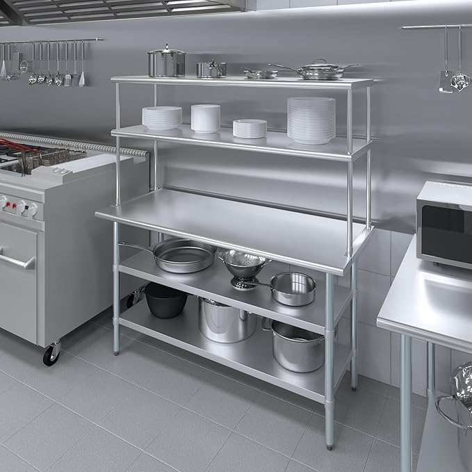 Amgood Stainless Steel Work Table with 2 Shelves | Metal Kitchen Prep Table & Shelving Combo (24" x 60" Table with 2 Shelves + 18" Overshelf)