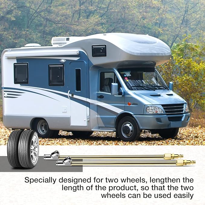2-Way Connection 13.8" Extended Air Chuck Set, 1/4 in FNPT Straight Foot Dual Head Tire Inflate Chuck with Standard Brass Quick Plug, Tire Air Compressor Fill Kit for Truck RV Dually Tires