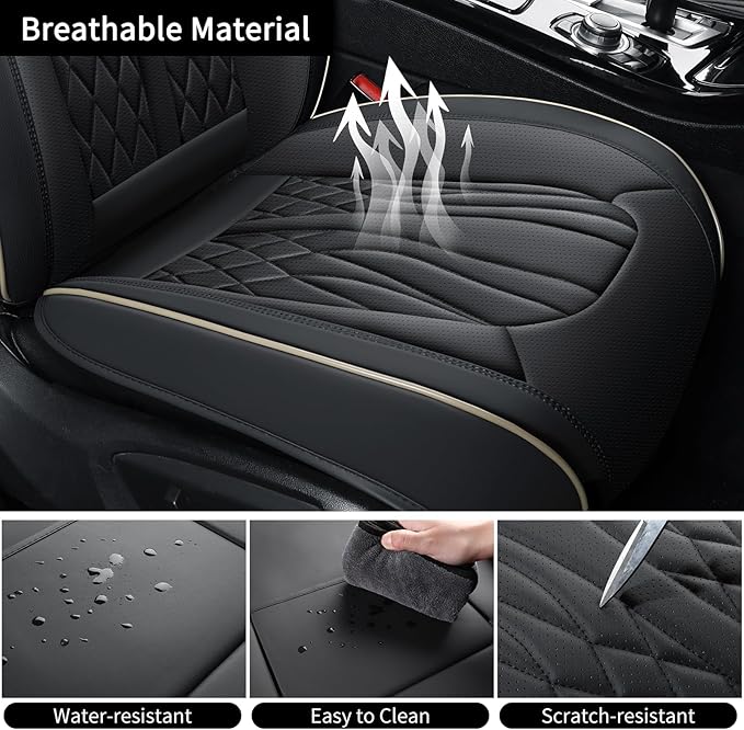Leather Car Seat Covers 5 Pieces, Full Set Universal Seat Covers for Cars, Waterproof Nappa Leather Auto Seat Protectors, Black Car Seat Cover Most Sedans SUV Pick-up Truck Black&BeigeLine