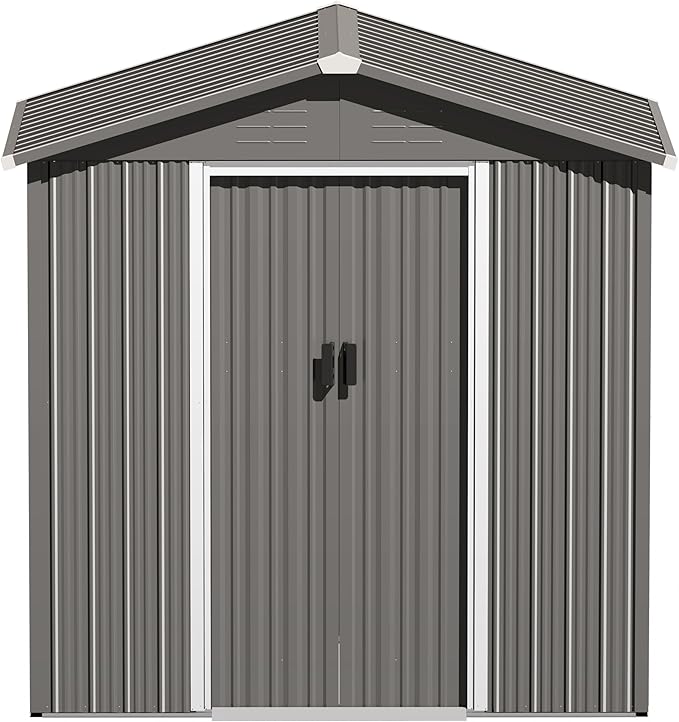 Nuu Garden 6 x 4 FT Outdoor Storage Shed with Sliding Doors, Galvanized Metal Garden Shed with Sloping Roof, Anti-Corrosion Outdoor Tool Shed with Air Vents for Backyard, Patio, Lawn, Gray