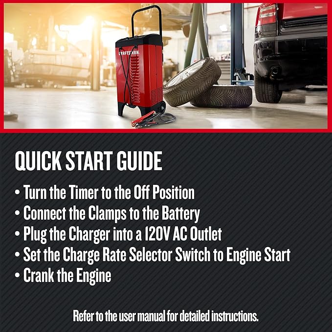 CRAFTSMAN Manual Wheeled 6A Battery Charger and 175A Engine Starter, 2-in-1 Solution for 12V Batteries, 25A Boost, Timer-Controlled, CMXCESM274, for Car, SUV, Truck, and Boat Batteries