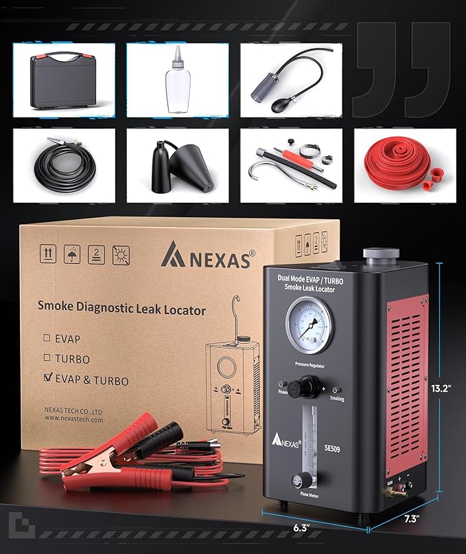 NEXAS SE509 Smoke Machine Automotive with Built-in 2 Air Pump, Pressure Regulator, Dual Mode EVAP Turbo Automotive Smoke Leak Detector, Smoke Tester Tools Kit for Vacuum, Fuel and More Leak Testing