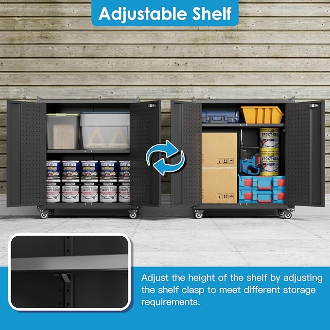 Metal Storage Cabinet with Wheels, Rolling Storage Cabinet with 2 Doors and Adjustable Shelves, Pegboard and 4 Hooks, Suitable for Garage, Home, Office, School, Black