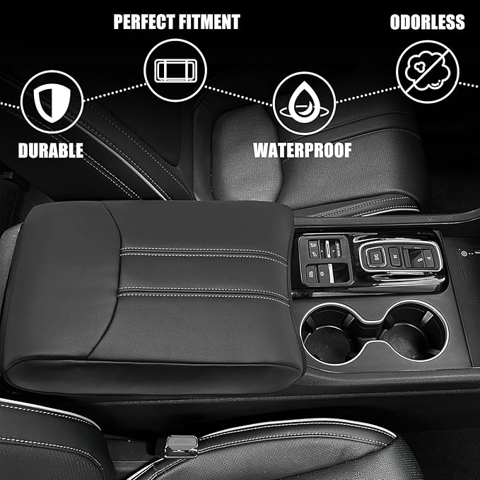 Muslogy Center Console Cover Compatible with Honda Pilot 2023 2024 2025, 2024-2026 Ridgeline/Passport Accessories Armrest Pad Lid Cushion Console Protector Vegan Leather Extra Soft(Black/White Trim)