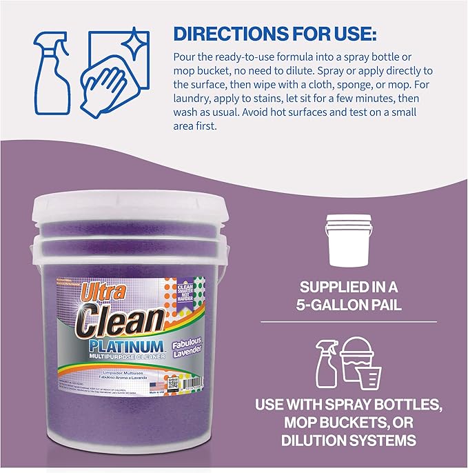 Ultra Clean Platinum Multipurpose Cleaner, Non-Abrasive and Bleach-Free, for Kitchen Counters, Bathroom Floors and Garage Spaces, Lavender, 5 Gallons