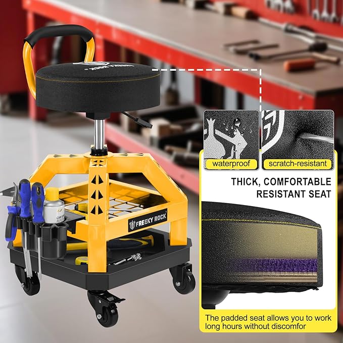Rolling Shop Stool with Wheels, Heavy Duty Garage Work Mechanic Stool with Backrest, Adjustable Height 360°Swivel Rolling Chair with Tool Tray Storage, 330 LBS Capacity, Yellow