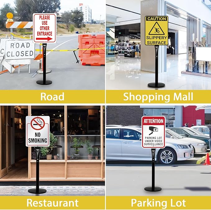 Parking Sign Stand with Base - 15 Lbs Cast Iron Parking Sign Post for Hanging Traffic Construction Street Warning Notice, Movable Black Heavy Duty Base Stand for Outdoor Use, 2 Pack