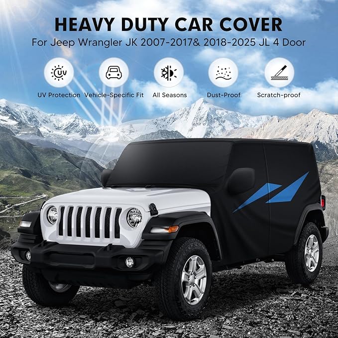 Car Cover for Jeep Wrangler JK JL 4 Door 2007-2025 Waterproof All Weather Car Covers with Door Zipper for Wrangler UV Protection Black