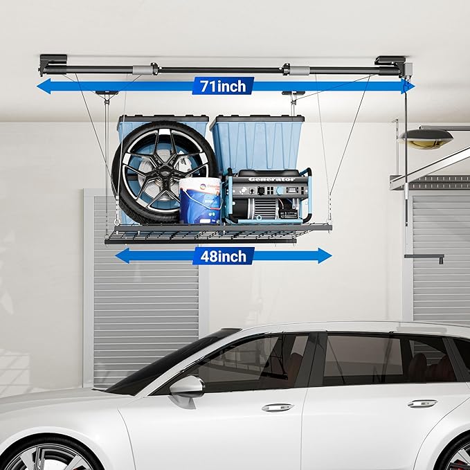 FLEXIMOUNTS GL1 Overhead Garage Lifting Storage Rack, 4x4 Ft Heavy-Duty Metal Garage Ceiling Rack, Adjustable Organization System With 71''L Axle, 300lbs Weight, Black