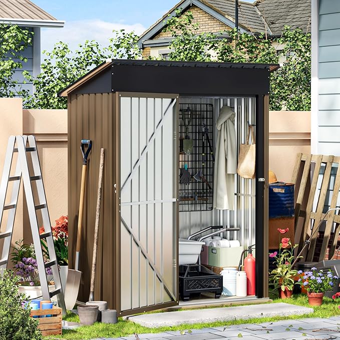 5X3FT Outdoor Steel Storage Shed with Lockable Doors, One Window,Ideal for Garden, Backyard, Patio Storage,Brown