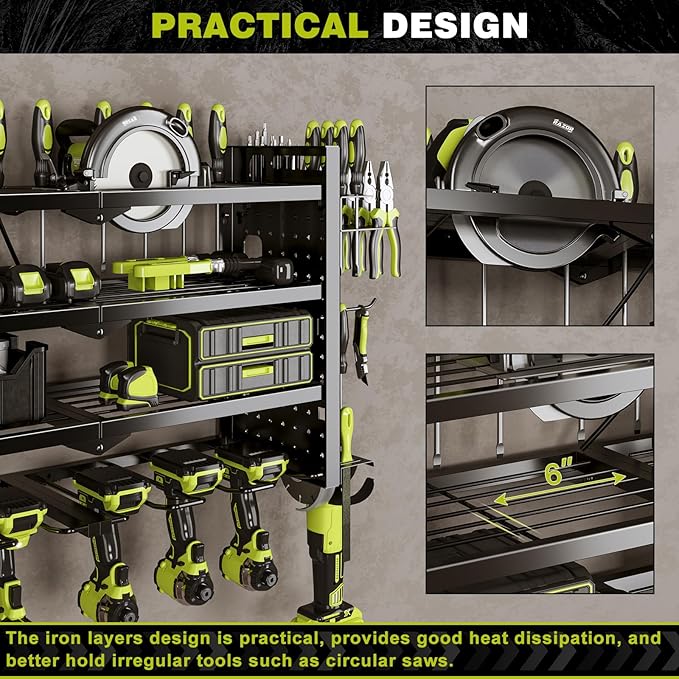 Power Tool Organizer Wall Mount with Charging Station 4 Layer 6 Slot Cordless Drill Holder with Angle Grinder Holder (Black)