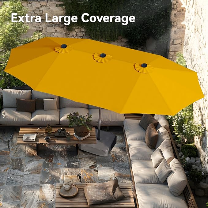 PHI VILLA 15ft Large Patio Umbrellas with Base Included, Outdoor Double-Sided Rectangle Market Umbrella with Stand, Outside Umbrellas for Poolside Lawn Garden, Golden Yellowwith