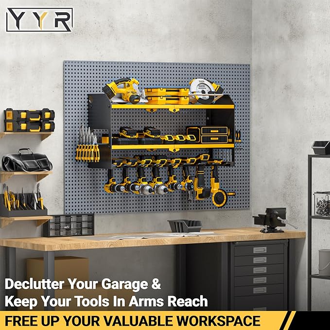 YYR Power Tool Organizer Wall Mount, Cordless Drill and Battery Holder, Electric Tools Hanger Storage Rack with Charging Station, Garage Organization Floating Shelf - Made of Heavy Duty Metal, Yellow
