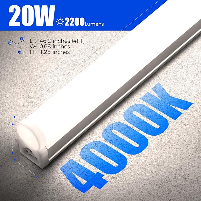 Barrina (Pack of 6) LED T5 Integrated Single Fixture, 4FT, 2200lm, 4000K (Daylight Glow), 20W, Utility Shop Light, Ceiling and Under Cabinet Light, Corded Electric with Built-in ON/Off Switch